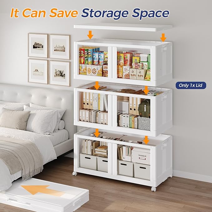 600Qt Stackable Storage Bins with Lid and Wheels, 150Gal Plastic Closet Organizer and Storage Drawer, Large Collapsible Storage Box Cabinet with Clear Door for Home Kitchen Office, 3Pack White