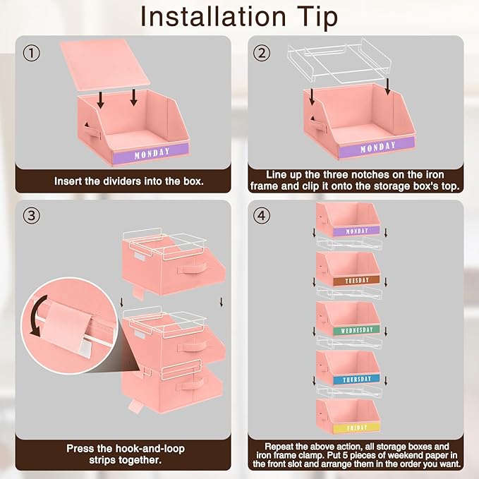Closet Organizers and Storage - 5 Tier Shelf Organizer with Weekly Labels, Stackable Storage Bins with Metal Frame, Foldable Cube Bins, Home Baskets for Kids and Adults, Pink