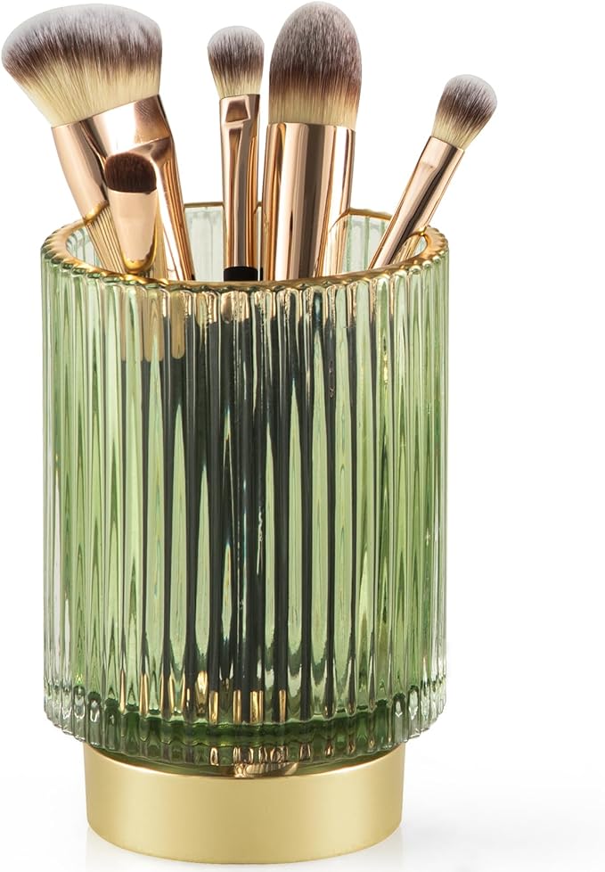 CANITORON Makeup Brush Holder,Glass Makeup Brush Holder Organizer Store Cosmetic Tools,Eyeliner,Storage Organizer for Vanity,Bathroom Countertop Organize and Bedroom Countertop Storage.(Green L)