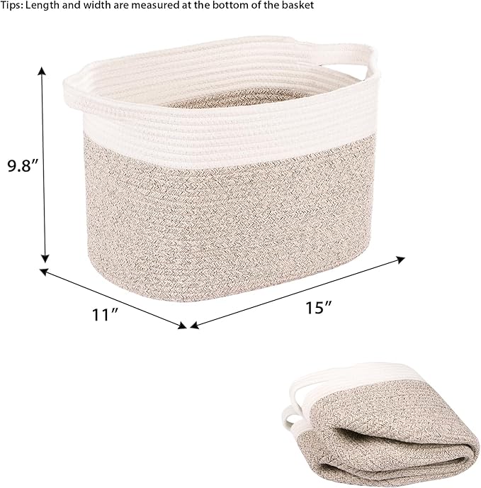 Kntiwiwo Storage Baskets for Organizing 14.7”x11”x9.6” Rope Storage Baskets for Shelves with Handles, Decorative Closet Baskets & Bins, Large Woven Baskets for Storage, White & Brown