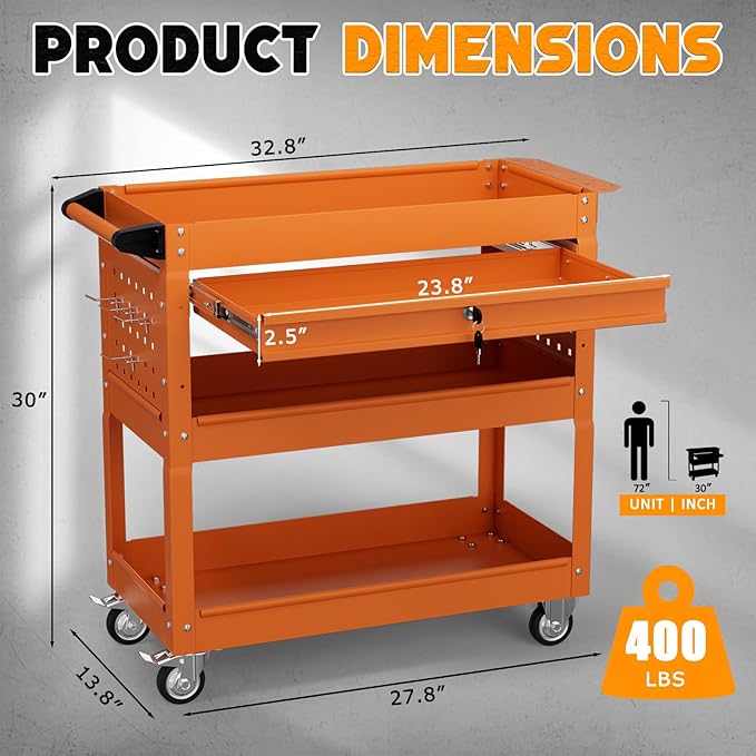 3 Tier Tool Cart on Wheels with Drawers - Three Tier Rolling Cart with Lockable Storage - Mechanic Tool Chest - Tool Chest with Wheels Used in Garage, Indoors, Workshop (Orange)