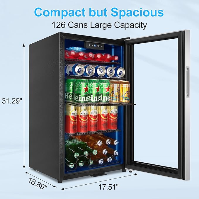 Beverage Refrigerator 126 Can, Mini Beverage Fridge Small Beverage Cooler Stainless Steel with Glass Door Safety Lock, Drink Fridge for Beer Soda Wine, Perfect for Dorm Office Hotel