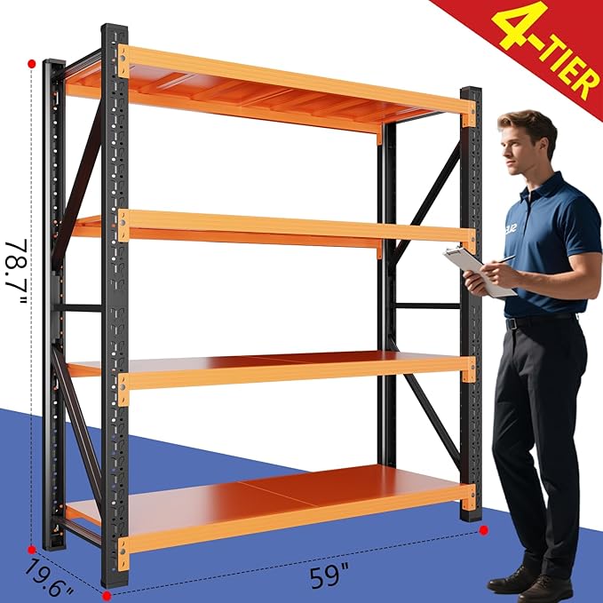 79" H Garage Shelving,4000LBS Heavy Duty Storage Rack,4 Tiers Metal Storage Rack Shelf, Adjustable Shelving Unit for Garage,Kitchen,Warehouse,Basement,78.7" H x 59" W x 19.6" D,Black&Orange
