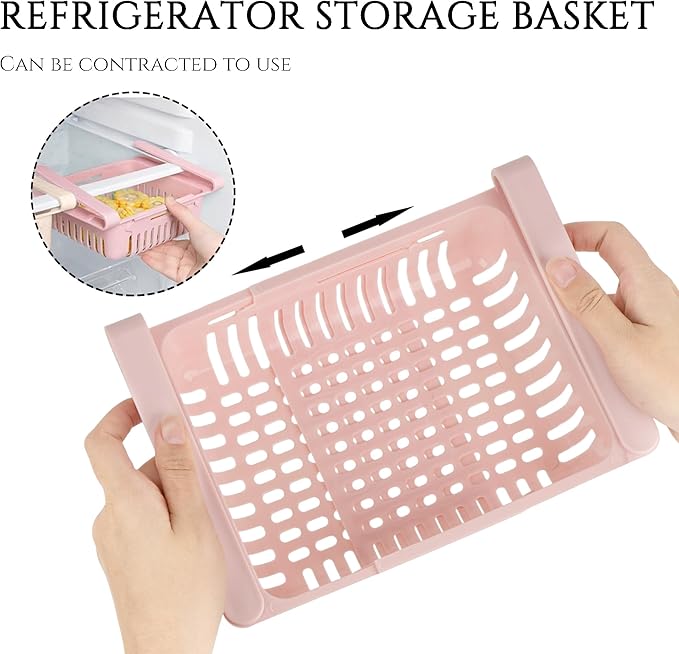 Refrigerator Drawer Organizer 2 Packs Retractable Drawer Refrigerator Storage Box, Unique Design Pull Out Storage Box, Sliding Shelves Refrigerators Hanging Organizer(Pink Khaki)