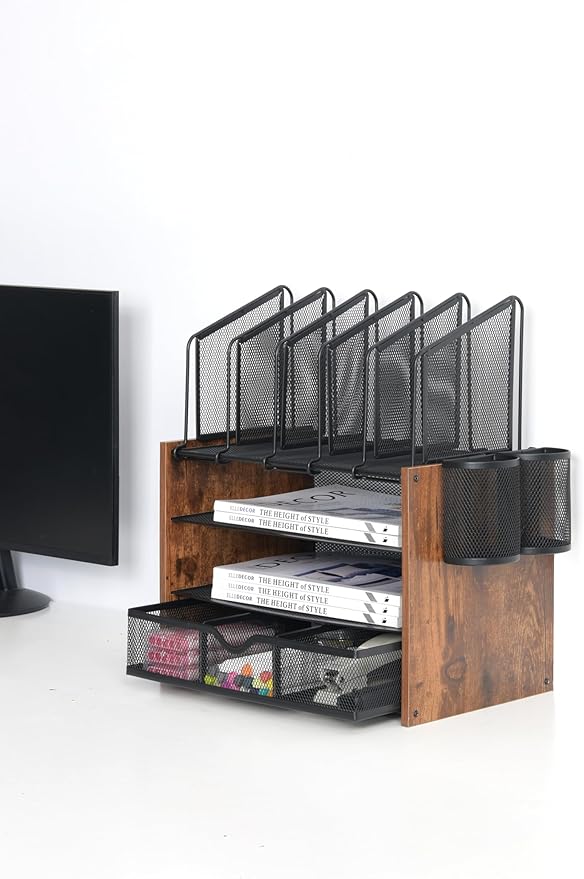 4-Tier Wood & Metal Desk Organizer – Vertical File Tray, Pen Holder & Drawer | Desktop Organizer for Home Office Supplies, Folders, Notebooks & Documents | Space-Saving Mesh Office Organizer