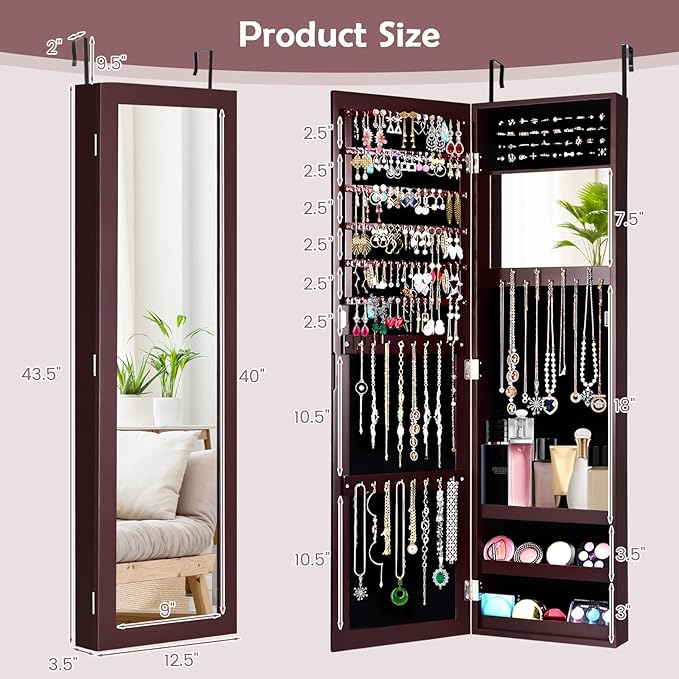 HAPPYGRILL Wall Mounted Jewelry Cabinet with Full Length Mirror, Over The Door Jewelry Organizer w/Built-in Makeup Mirror, Storage Shelves, Door Mounted Jewelry Armoire for Women, Girls (Brown)