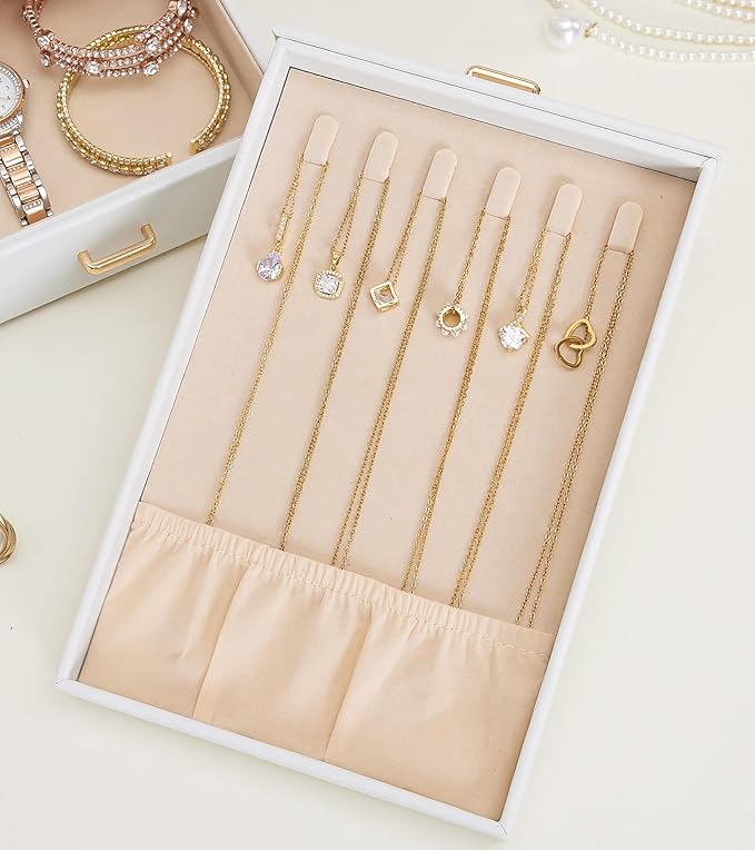 Homde Jewelry Organizer with Transparent Window Necklace Hooks Gift for Women Jewelry Box Display Case for Necklaces Rings Earrings Bracelets and Other Jewelry Accessories (White + Gold)