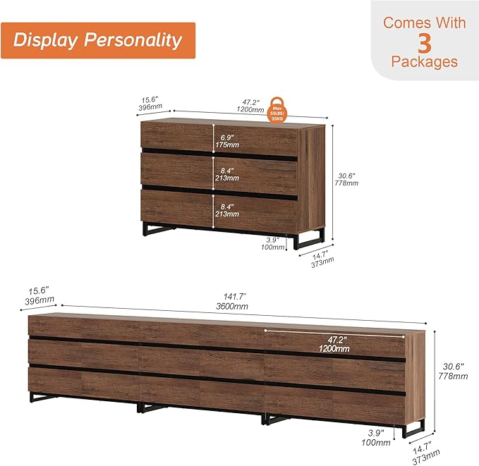 WAMPAT Dresser for Bedroom, Closet Organizers and Storage with 18 Drawers, Chest of Drawers with Metal Base, Wooden Modern Dresser for Living Room, Entryway, Brown