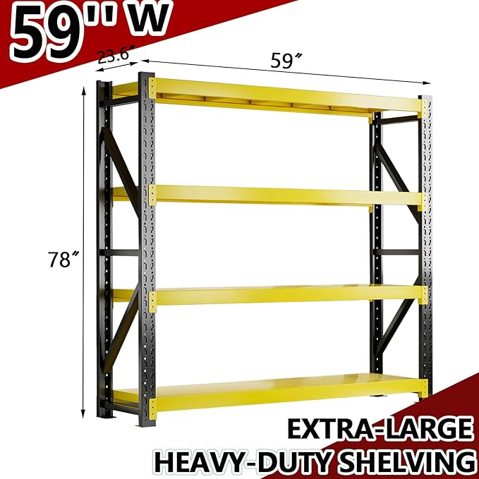 3000LBS Heavy-Duty Garage Shelving, 59" W Metal Shelves, 4-Tier Adjustable Garage Shelving Units, Storage Racks for Warehouse, Workshop