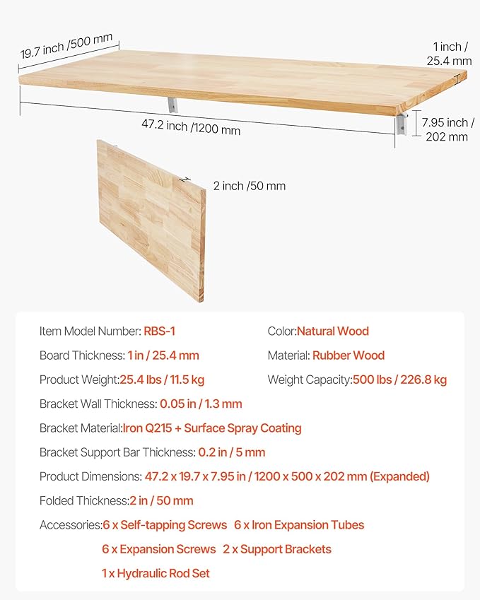 VEVOR Wall Mounted Folding Table, 47.2 x 19.7 inches Wall Mount Table, Floating Desk with Iron Bracket, Fold Down Desk for Small Spaces, Home Office, Dining, Laundry Room, Kitchen, Bar, Burlywood
