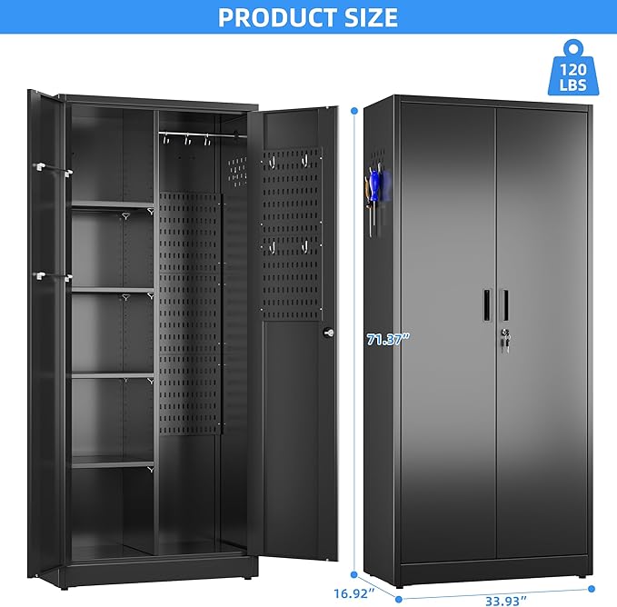 SUXXAN Broom Closet Storage Cabinet 71.4"x 33.9"x16.9", Metal Cleaning Cabinets with Hooks and Hanging Rods, Lockable Cabinet with Pegboard, Adjustable Shelf,for Garage, Laundry Room