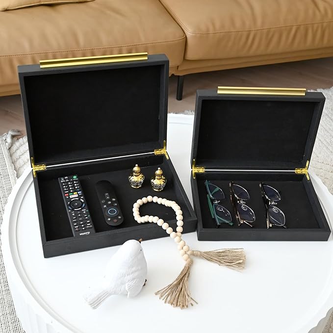 Faux Shagreen Leather Jewelry Boxes Set of 2 with Gold Handles, Decorative Organizer Storage Box for Rings, Earrings, Watches, Dresser, Vanity, Stackable, Black