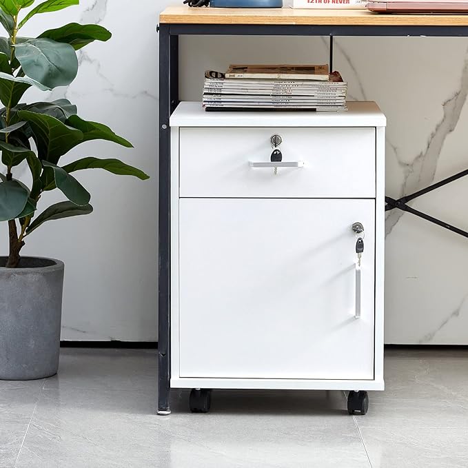 File Cabinet with Lock and Drawer, Mobile Under Desk Storage Cabinet with 360° Swivel Wheels, Wooden Filing Cabinet File Organizer for Legal/Letter/A4 Documents, Home Office Filing Cart (White)