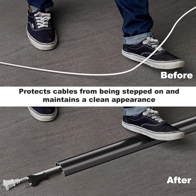 10FT Side-Open Extension Cord Covers for Wires on Floor,Silicone Power Cable Protector Cord Hider Management Strip,Hide Electric Wire on Carpet,Chord Runner Protective Safety Wiremold,Black