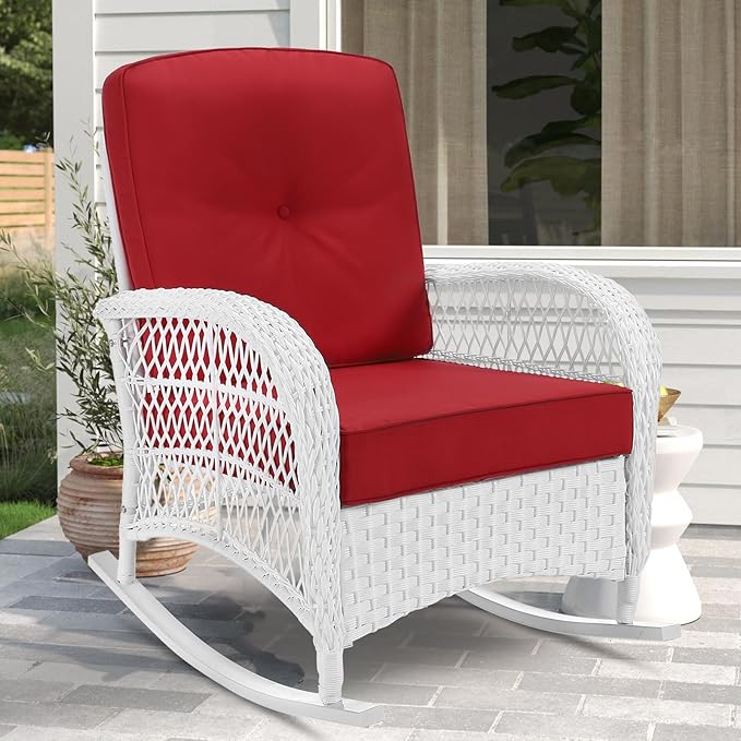 VIVIJASON Outdoor Wicker Rocking Chair, Patio Rattan Rocker Chair with Cushions & Steel Frame, All-Weather Rocking Lawn Rattan Furniture for Garden Backyard Porch (White Wicker/Red)
