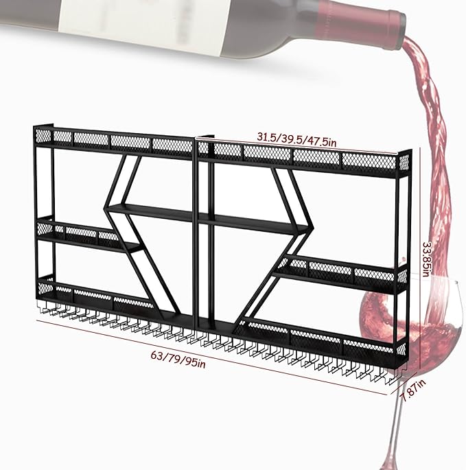 79in Wall Mounted Wine Rack, Large Metal Wine Bottle Holder, 3 Tier Modern Fashion Diamond Shaped Floating Bar Unit Wine Storage Shelves, for Home Restaurant Bars Decor (Black, 3 Tier - 79in)