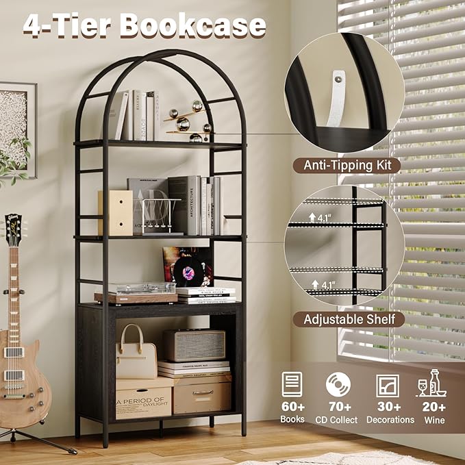 BREEZEHEAT 4-Tier Arched Bookshelf, 72" Tall Bookcase with Storage Shelves, Floor Standing Open Display Storage Shelf with Metal Frame, Large Organizer for Living Room, Home Office, Bedroom, Black