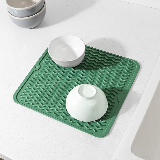 Silicone Dish Drying Mat for Multiple Usage,Easy clean,Eco-friendly,Heat-resistant Silicone Mat for Kitchen Counter or Sink,Refrigerator or Drawer liner Green M 12 inches x 12 inches