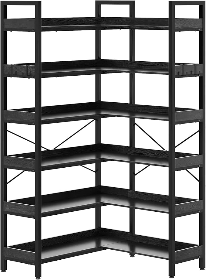 KOUSEI 6-Tier Corner Bookshelf, Reversible L-Shaped Bookcase with 4 Hooks, 69" Industrial Wood & Metal Storage Shelf for Living Room, Home Office & Bedroom, Black