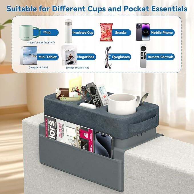 Couch Arm Tray Removable Armrest for Sofa Arm Tray Silicone Couch Cup Holder Tray Armchair Caddy Foam Couch Cup Holder Pillow Arm Chair Caddy for Recliner Sofa Drink Holder Spill Proof 3 Side Pockets