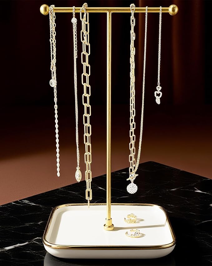 VROOMIUM Necklace Holder- Ceramic Base 1ft Height Jewelry Organizer Stand, Aesthetic Jewelry Hanger Display for Necklaces, Bracelets, Rings, Exhibidor de Collares-Classic White