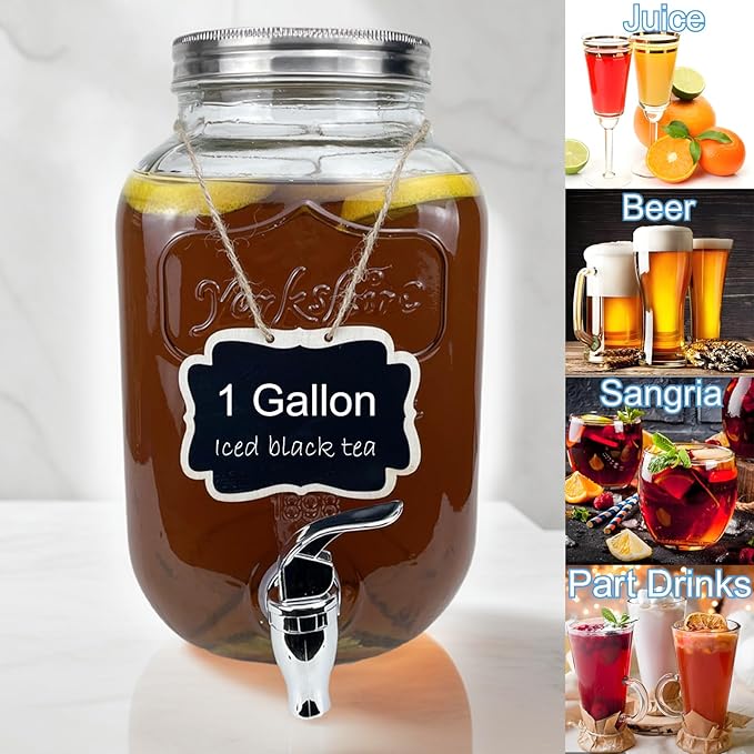 1 Gallon Glass Drink Dispenser for Parties, 2 Packs Juice Lemonade Ice Tea Water Dispenser with Stand, HENABLE Beverage Dispensers with Spigot for BBQ, Picnic, Party