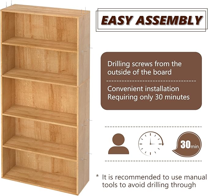 5 Tier Book Shelf,Wooden 5 Cube Storage Organizer,5 Tier Low Bookcase Storage Display Organizer, 54 Inch Versatile Cubes Shelf and Cubby Unit for Any Space (Natural Oak, 5 Cube-W(23.6inch)