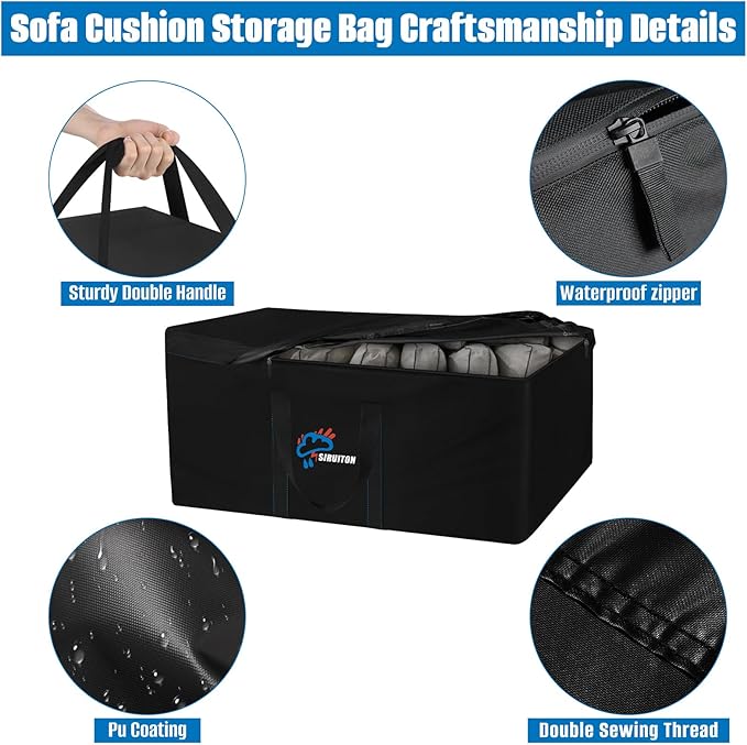 SIRUITON 51.2”L x 15.7”W x 23.6”H Outdoor Cushion Storage Bag,Patio Furniture Cushion Storage Bag,Heavy Duty Rip Proof 600D Oxford,with Handle and Zipper of Waterproof Garden Cushion Storage Covers