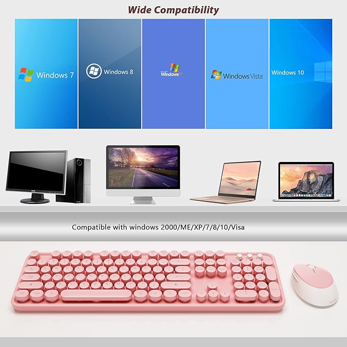 Wireless Keyboard,KOOTOP Cute Colorful 104 Keys Typewriter Retro Round Keycaps Keyboard for PC Laptop,Desktop,Windows, Home and Office Keyboards (Pink)