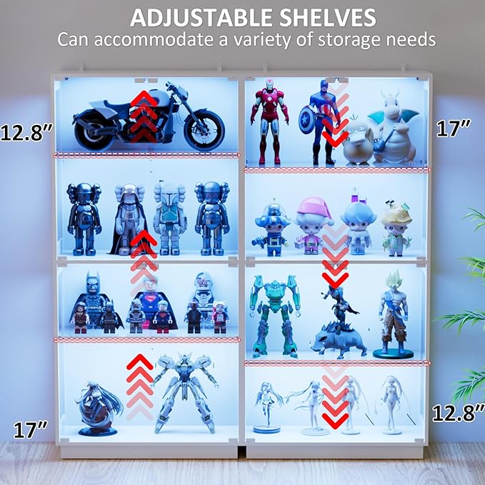Display Cabinet with Glass Doors 4 Tier Glass Display Case with RGB LED Lights Display Cases for Collectibles Adjustable Shelves Display Case, for Game Room, Living Room, Bedroom, White