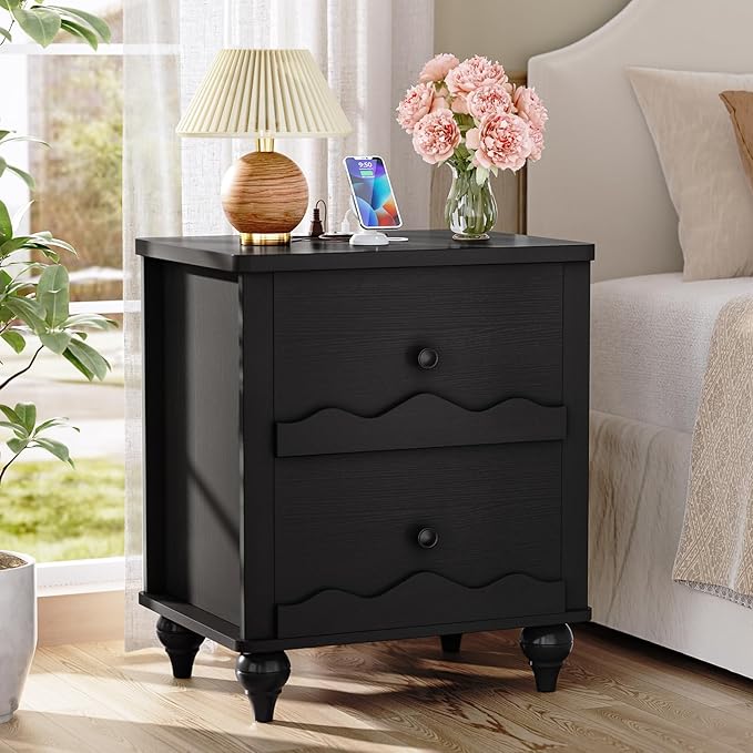 Cyclysio Nightstand with Charging Station, Side End Table with 2 Drawers, Modern Wood Night Stand with Scalloped Pattern for Bedroom, Bedside Night Tables with Solid Wood Gourd Legs