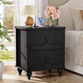 Cyclysio Nightstand with Charging Station, Side End Table with 2 Drawers, Modern Wood Night Stand with Scalloped Pattern for Bedroom, Bedside Night Tables with Solid Wood Gourd Legs