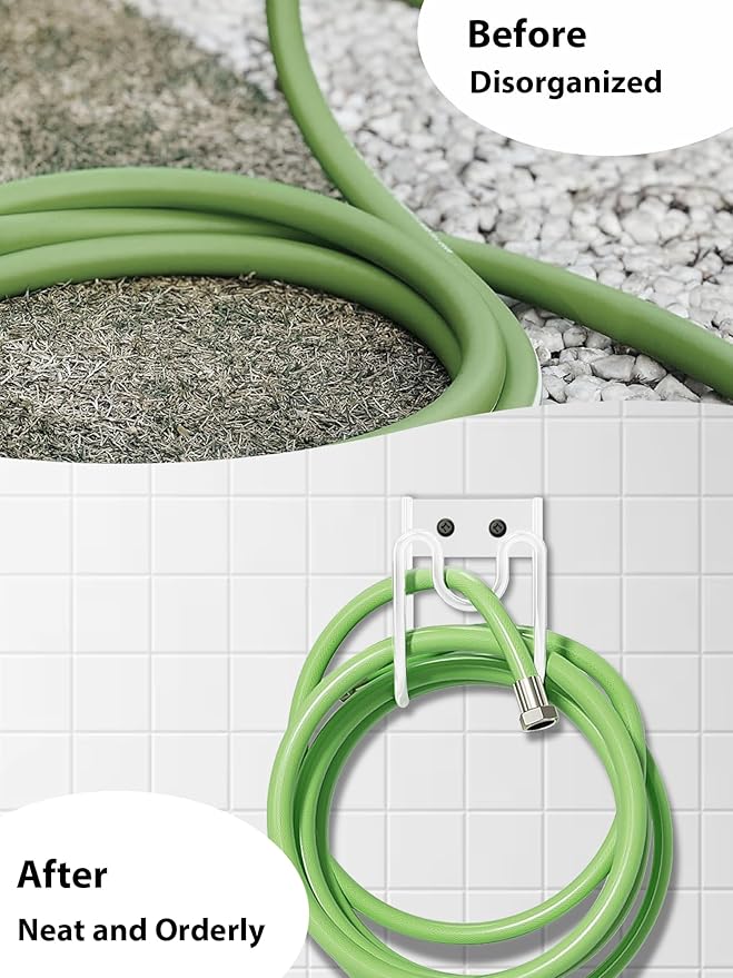 Metal Garden Hose Holder, Sturdy Wall Mounted Water Hose Hanger, Solid Hose Hook for Garden Garage Water Hose/Extension Cords/Vacuum Lines (White)
