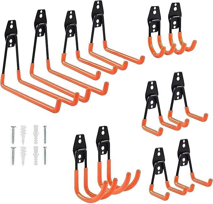 Garage Hooks Heavy Duty 12 Pack, Steel Garage Storage Hooks, Tool Hangers for Garage Wall Utility Wall Mount Garage Hooks and Hangers with Anti-slip Coating for Garden Tools, Ladders, Bulky Items (12)