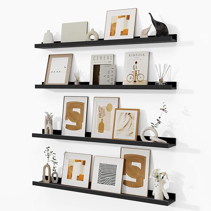 Fun Memories Picture Ledge Shelf, Black Floating Shelves Set of 4, 36 Inch Picture Shelves for Wall with Ledge, Large Nursery Book Shelf for Toys Storage, Living Room, Bedroom Decor Frames
