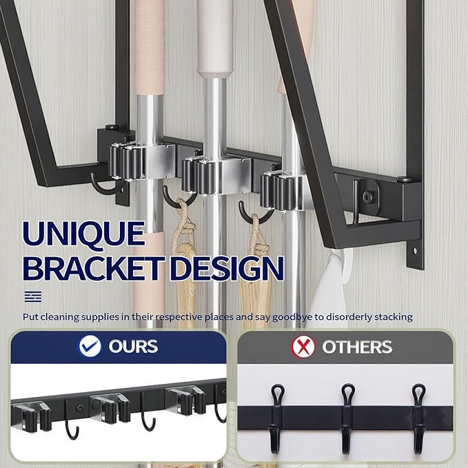 Wall-mounted broom and mop storage rack, equipped with mop, broom hanger and grab hooks for cleaning supplies, suitable for kitchens, laundry rooms, garages, utility rooms, closets, etc.