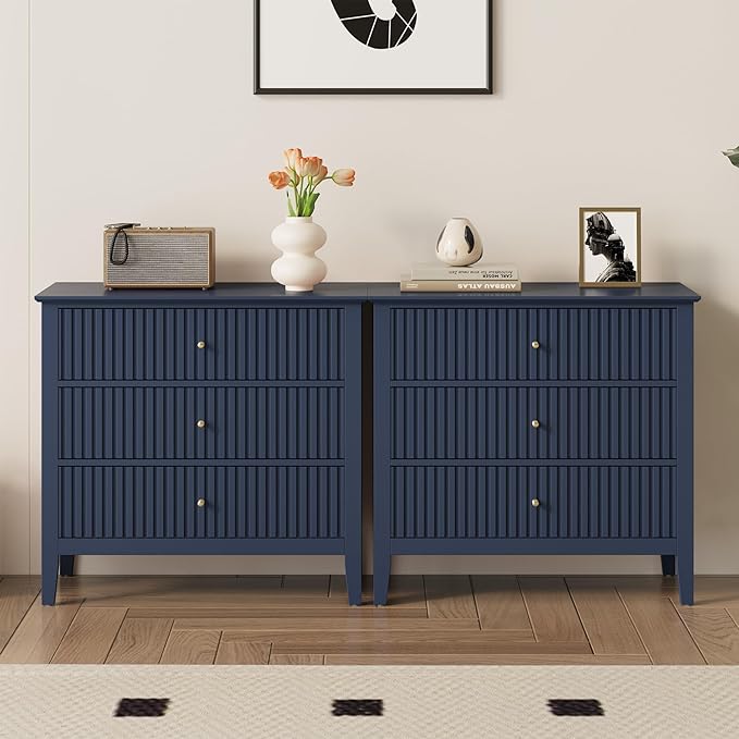 RoyalCraft 32" Large Nightstand Set of 2, Fluted Painted Wood Dresser with 3 Spacious Drawers, Blue Modern Bedside Table for Bedroom