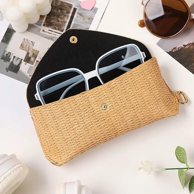 Glasses Case - Woven Straw Style Soft Box with Hook | Portable Eyewear Holder for Sunglasses, Reading Glasses, Contact Lens Accessories, Purse, Car, Desk, Nightstand, Drawer, Travel