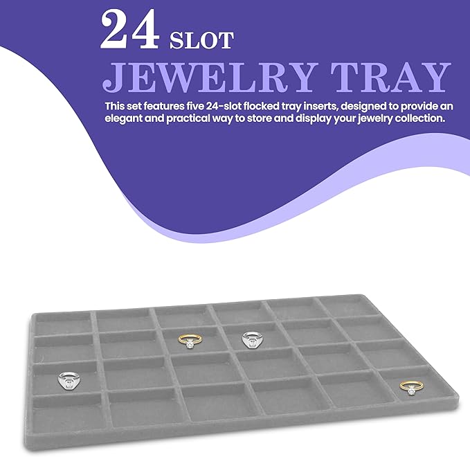 Novel Box 5 Pack 24-Slot Gray Liner Jewelry Storage Tray Inserts 14.75x8.25x1 Inches - Jewelry Organizer Pad for Drawers & Store Displays - Jewelry Display Pads for Rings Earrings & Pendants