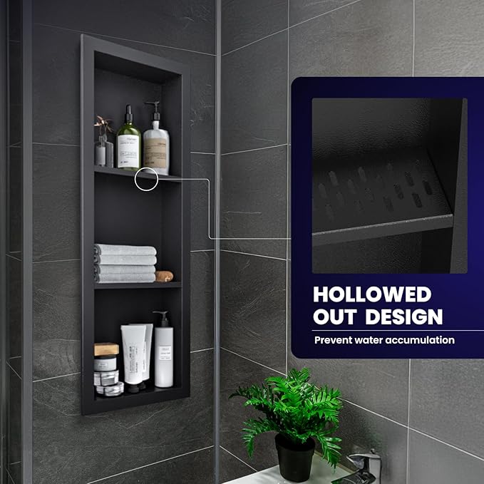 12" x 36" Stainless Steel Shower Niche, 3-Tier Waterproof Shelves, No-Tile Needed Bathroom Organizer, Rustproof Wall Shelf for Shampoo, Soap & Toiletries, Black