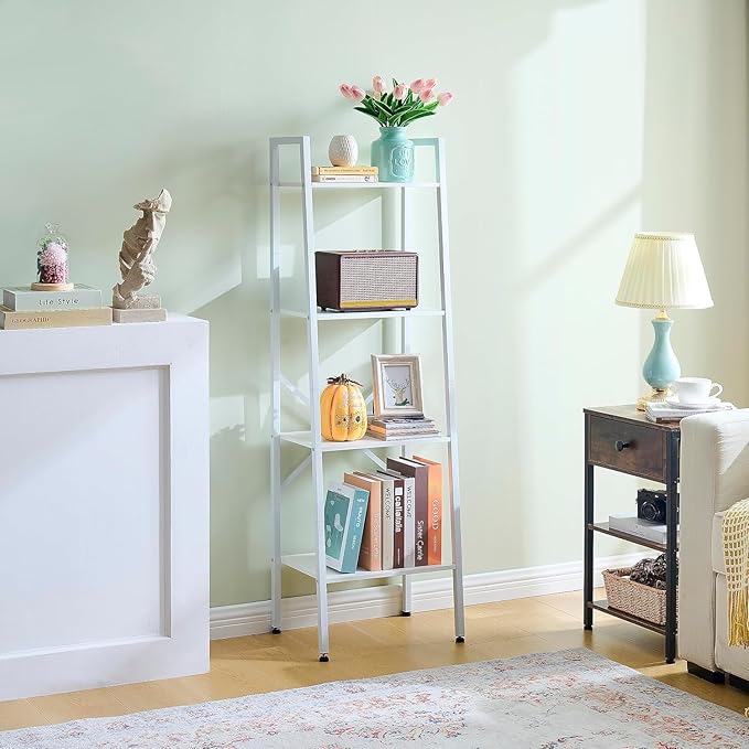 Hoctieon 4-Tier Industrial Ladder Bookshelf, Narrow Ladder Shelf, Tall Standing Bookshelf, Skinny Open Ladder Shelf, for Living Room, Home Office, Kitchen, Bedroom, Metal Frame, White