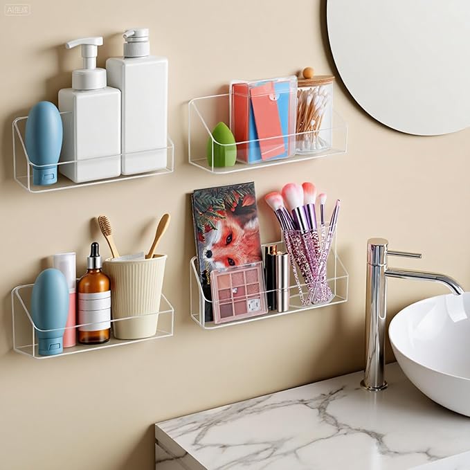 4 Pack Clear Wall Mounted Storage Organizer – No Drill Adhesive Shelves for Bathroom, Kitchen, Bedroom, Mirror Cabinets – Transparent PS Plastic Organizer Bins (7.9” x 3.4” x 3.3”)