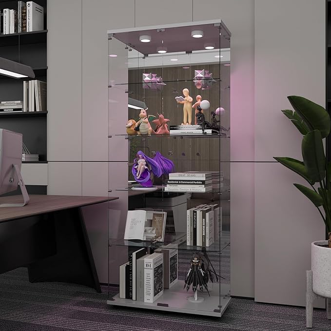 Beauty4U Glass Display Cabinet with LED Lights and Mirror, 5 Shelves with 2 Doors, Curio Cabinets for Living Room, Bedroom, Office, White Floor Standing Glass Bookshelf, Quick Installation