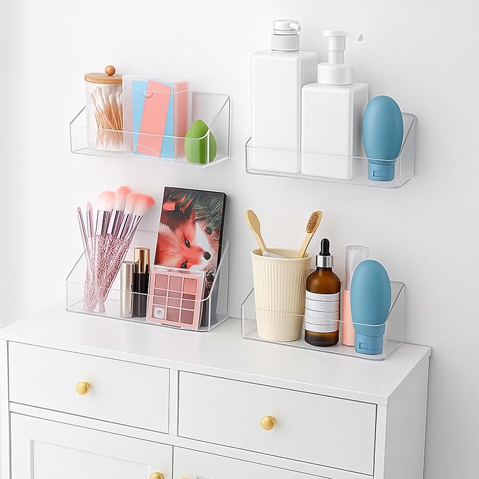 4 Pack Clear Wall Mounted Storage Organizer – No Drill Adhesive Shelves for Bathroom, Kitchen, Bedroom, Mirror Cabinets – Transparent PS Plastic Organizer Bins (7.9” x 3.4” x 3.3”)