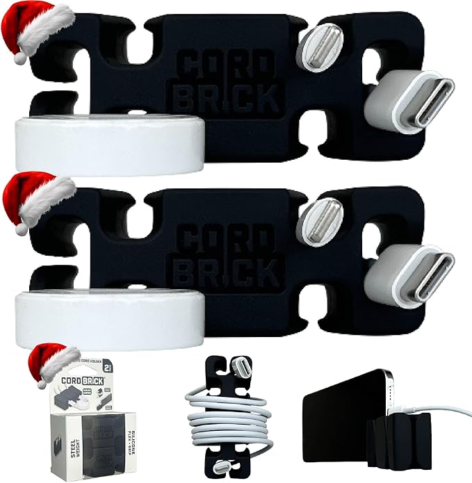 CordBrick Stocking Stuffers for Adults Cord Management Weighted Cord Holder Cable Wrap Phone Stand - Multiuse Gadget Organizer for Nightstand, Desk. Gift for Men, Durable Silicone. 2pk Black