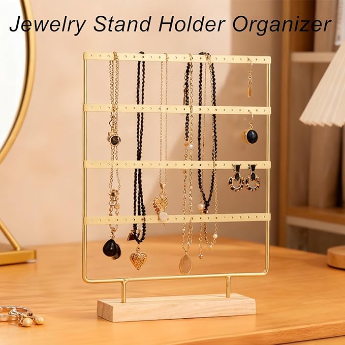 Earring Organizer Stand for Women, 4 Tier Tall Jewelry Holder Organizer Rack, Tabletop Display Rack Multiple Pierced Earrings, Wood and Iron Hanging Jewelry Organizer, Gold Jewelry Storage