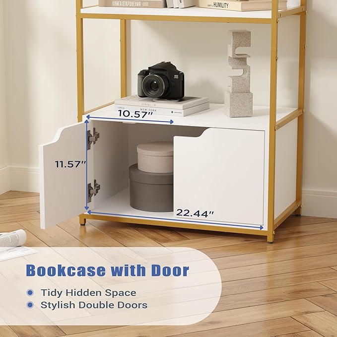 Industrial Bookshelf, Bookcase with 2 Cabinets, 6-Tier Display Book Shelf with Doors for Living Room, Home Office, Bedroom, Washroom, White and Gold