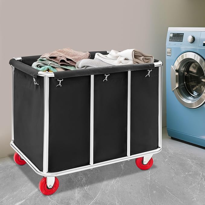 Commercial Laundry Cart with Wheels,Laundry Hamper Cart,Heavy Duty Rolling Basket with Large Capacity,Sorter Trolley for Home Hotel Apartment (Black, 35.43 * 25.6 * 31.5in)