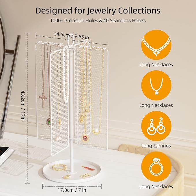 Rotating Necklace Holder Organizer, Necklace Storage Jewelry Stand, Metal Jewelry Stand with 40 Hooks for Necklace Earring Ring Bracelet Display Stand, Women Gifts - White