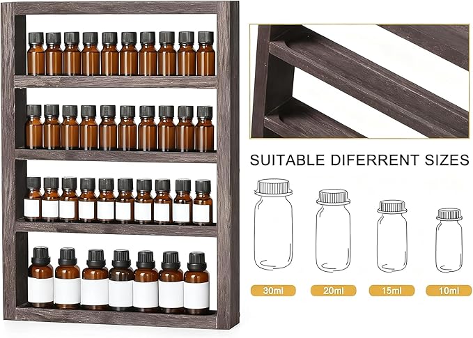 ETELI Essential Oil Storage Rack 4 Tier Wall Mounted Wooden Display Shelf Holder Nail Polish Organizer with Groove Inside for Bedroom Bathroom Powder Room, Rustic Brown